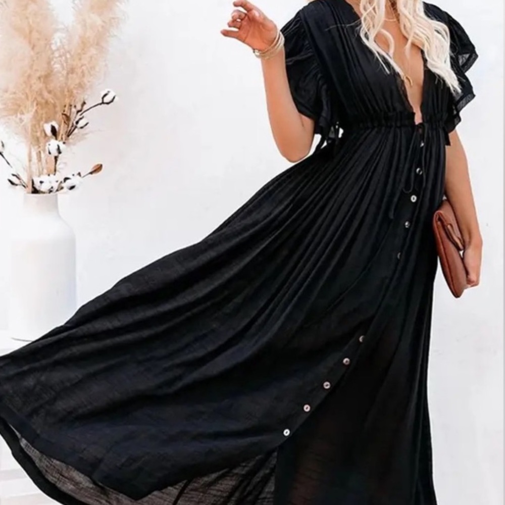 41. CLEARANCE Sheer Black Bohemian Button Flowy Maxi Cover Up Beach Dress kimono - Picture 2 of 7